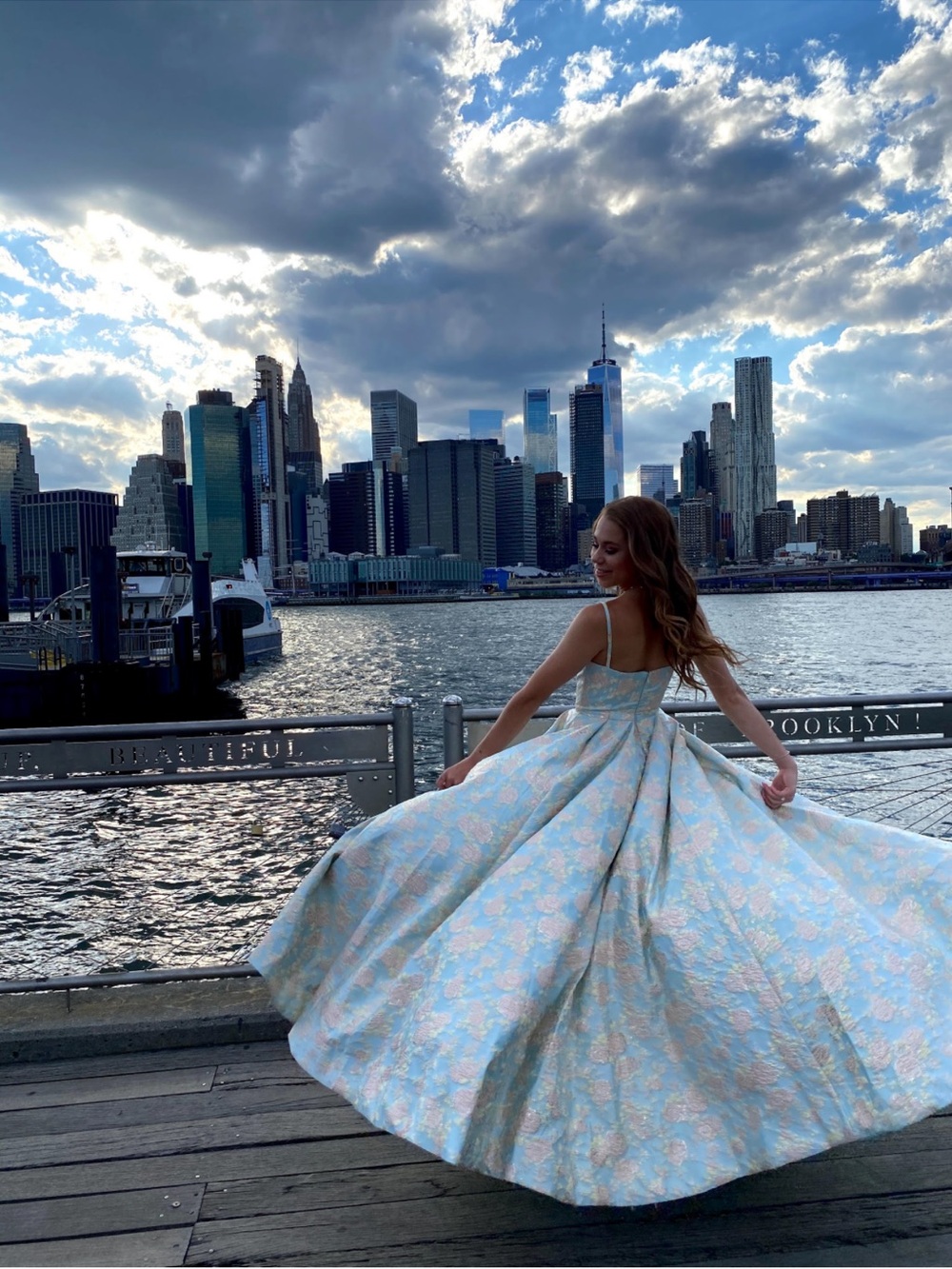 Mac Duggal Light Blue and Gold Floral Jacquard Ball Gown - Picture 4 of 5